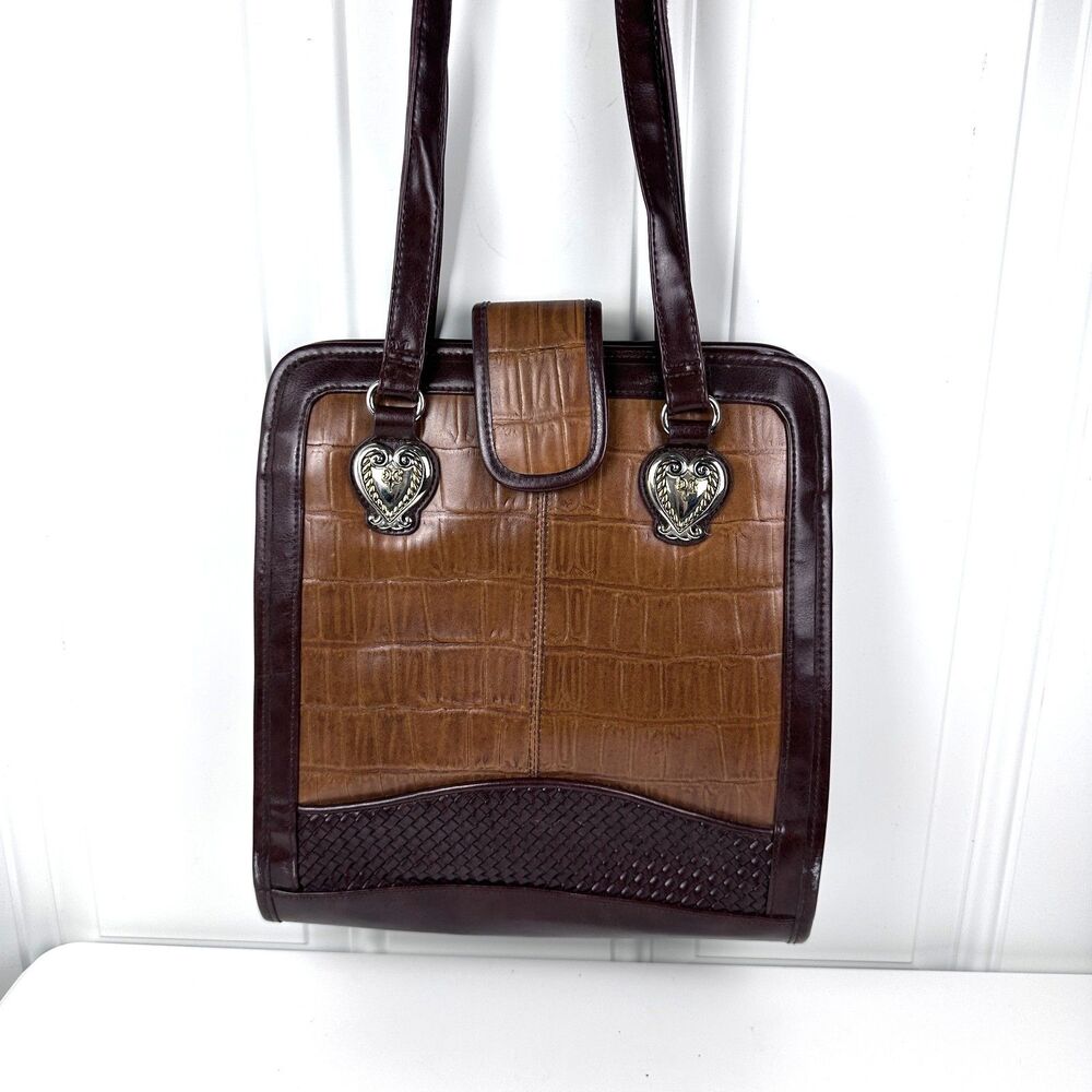 Vintage Marlo Crossbody Brown Croc-Embossed Leather Two-Tone Organizer Bag